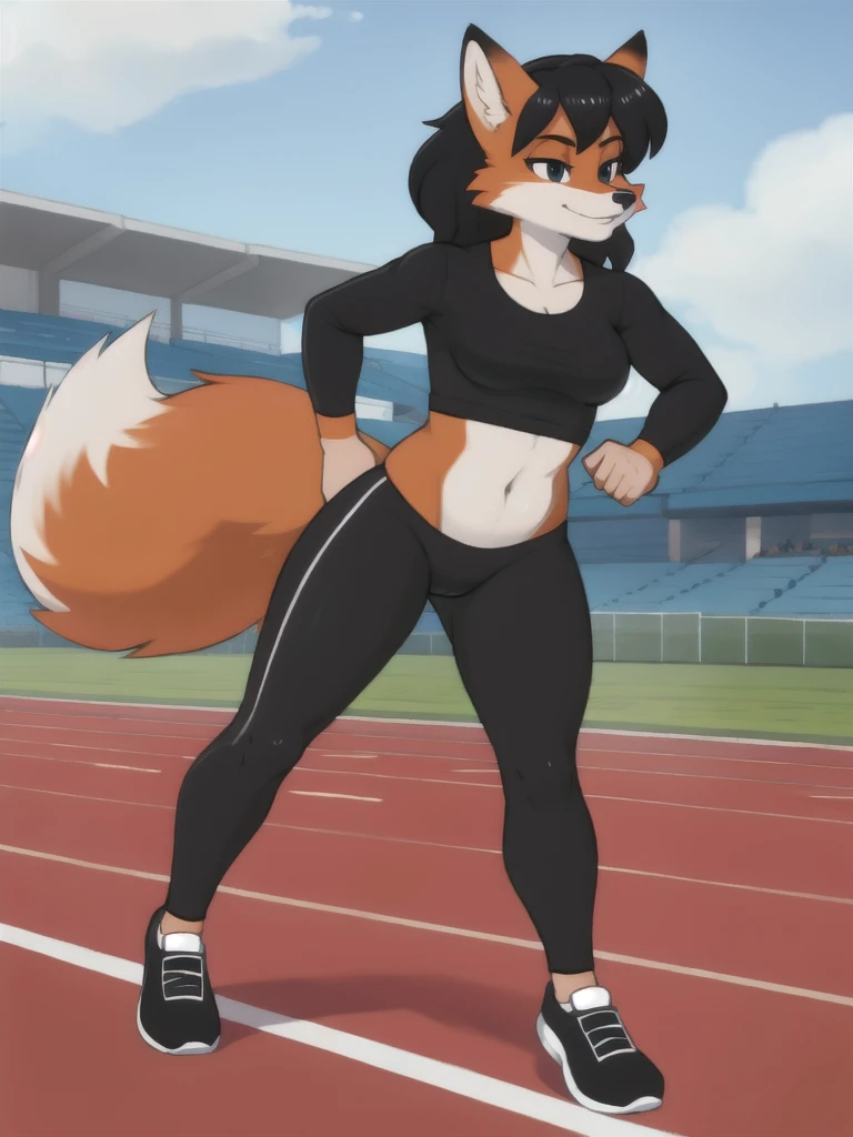 Furry, fox, female, black shirt, black leggings, shoes, running track, friends, full body
