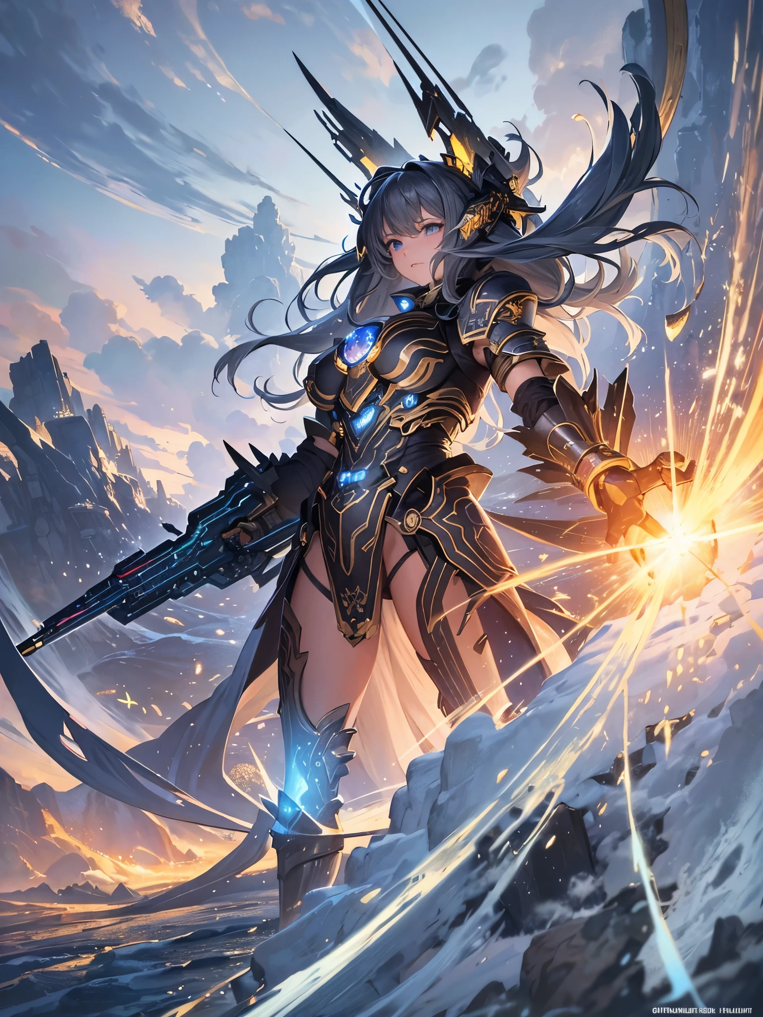 ((Highest quality)),(Ultra-high resolution),(Super detailed),(Detailed Description),((The best CG)),(masterpiece),Highly detailed art,(Art with precise detail:1.5), ((Science fiction movies:1.5)), (A meticulously crafted sci-fi setting:1.6), Lead-colored, gold, The heart will regain its brilliance, steel, Storm Light the fire, It's hard to attack, impregnable, ((The final blow:1.3)), Shattering Stars々, Flying rays, Illumination,