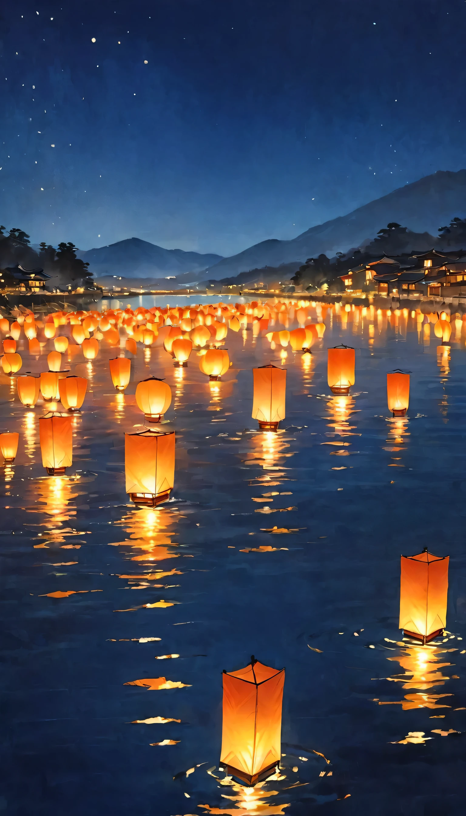 Katsushika Hokusai、vague、Mont、Ink and watercolor、Light tones、calligraphy、Ink Painting Ink Painting Place river lanterns on the river bank,Many sky lanterns are lit up on the water., Floating light, Light and reflection, Glowing lights! Intermediate metaverse elements,number, Shining Reflection, Water lanterns, quiet night. Digital Illustration, Beautiful atmosphere, Light in the night sky, Quiet night atmosphere, Beautiful number artwork, Low level of detail. number, Beautiful atmosphere