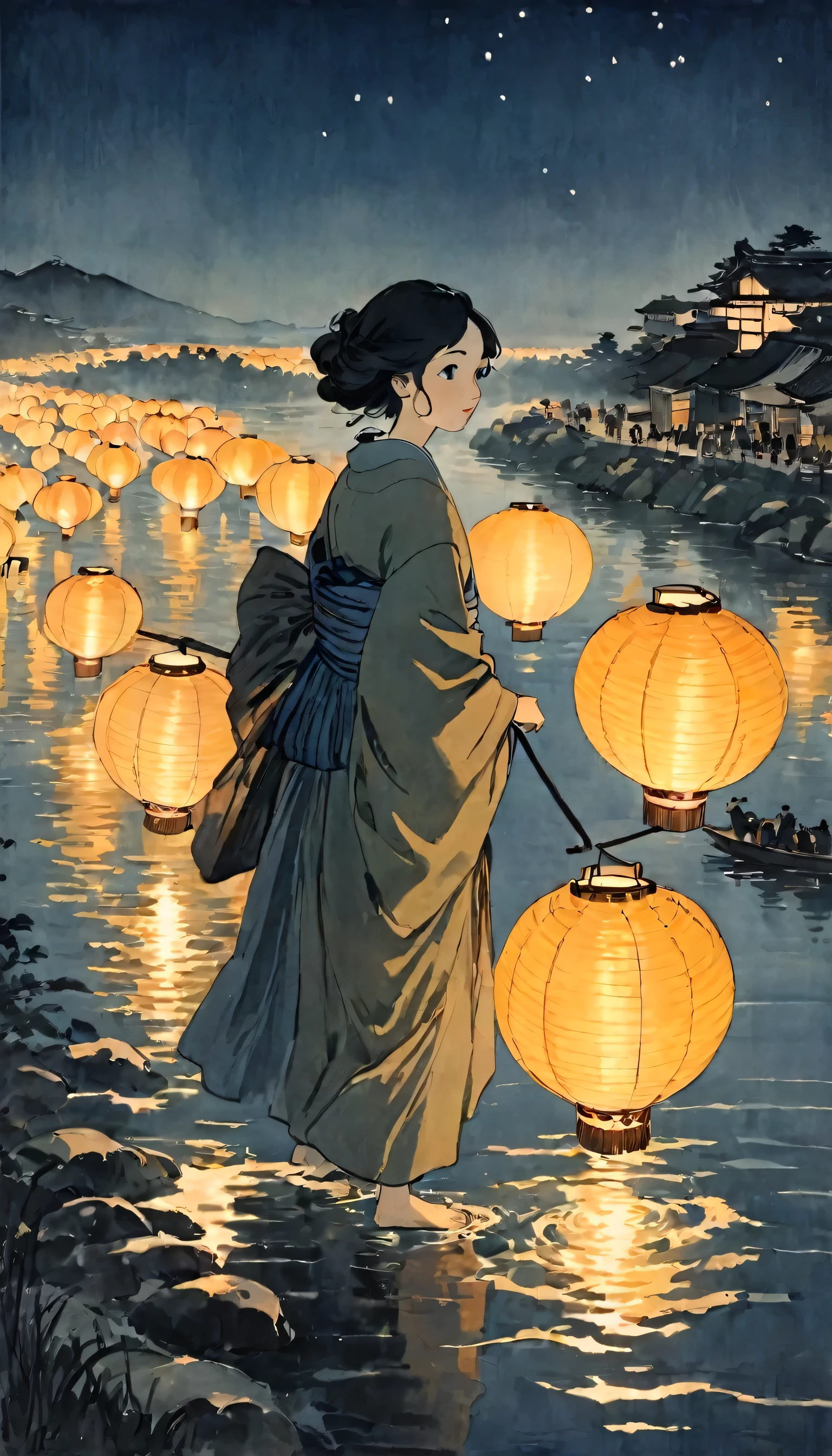 Katsushika Hokusai、Monochrome、vague、Mont、Ink and watercolor、Light tones、calligraphy、Ink Painting　Ink Painting　Drawn with a brush　Characters written with a brush　Place river lanterns on the river bank，Many sky lanterns are lit up on the water.、Beautiful atmosphere, Light in the night sky, Quiet evening atmosphere