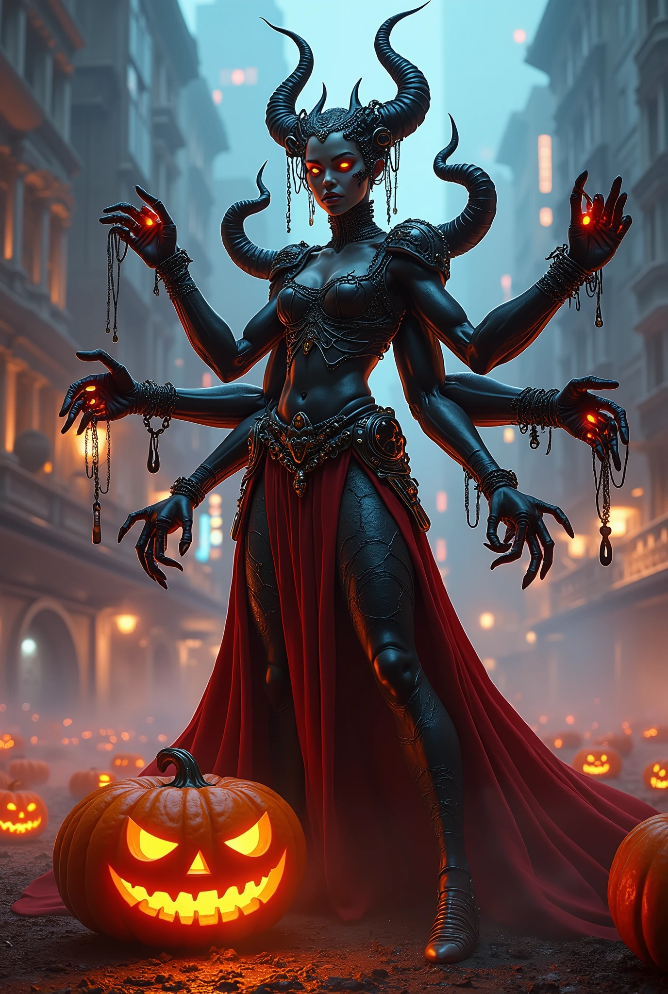 arafed woman in a halloween costume posing with a pumpkin, cyberpunk art by Adrian Zingg, Artstation, fantasy art, halloween art style, monstergirl, muscular ultraviolent woman, halloween, dark goddess with six arms, muscular and terrifying, muscular girl, huge veins, [ 4 k digital art ]!!, dorian cleavenger, halloween scene, ripped