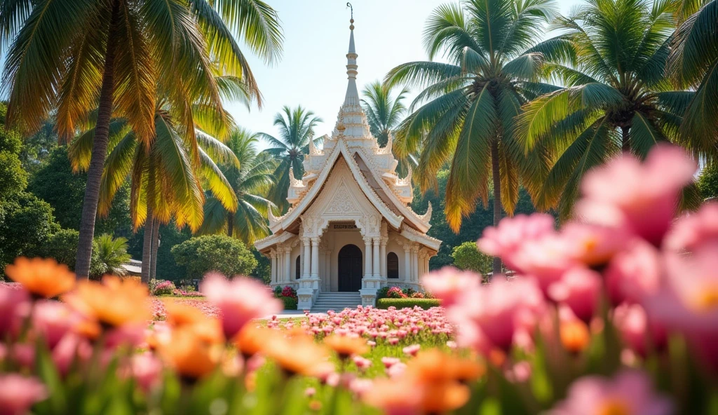 Tiny mosque with Thai architecture in a pastel flower garden and lush coconut grove