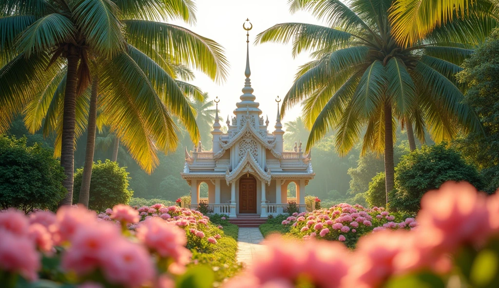 Tiny mosque with Thai architecture in a pastel flower garden and lush coconut grove