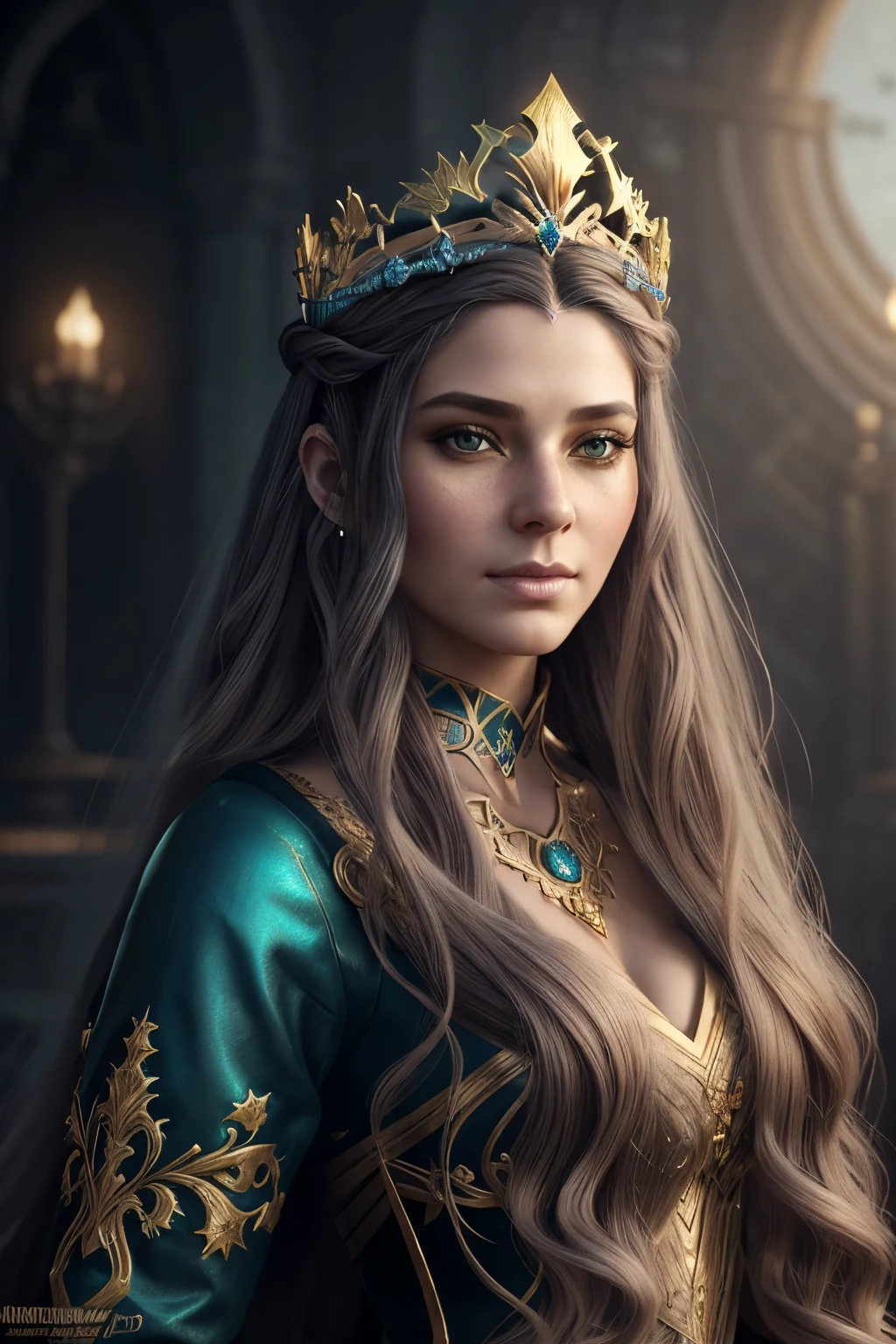 a woman with long hair and a crown on her head, detailed matte fantasy portrait, fantasy concept art portrait, hyperdetailed fantasy character, epic exquisite character art, stunning character art, goddess. extremely high detail, epic fantasy art portrait, elegant cinematic fantasy art, fantasy character portrait, epic fantasy art style, alexandra fomina artstation, epic fantasy art style hd