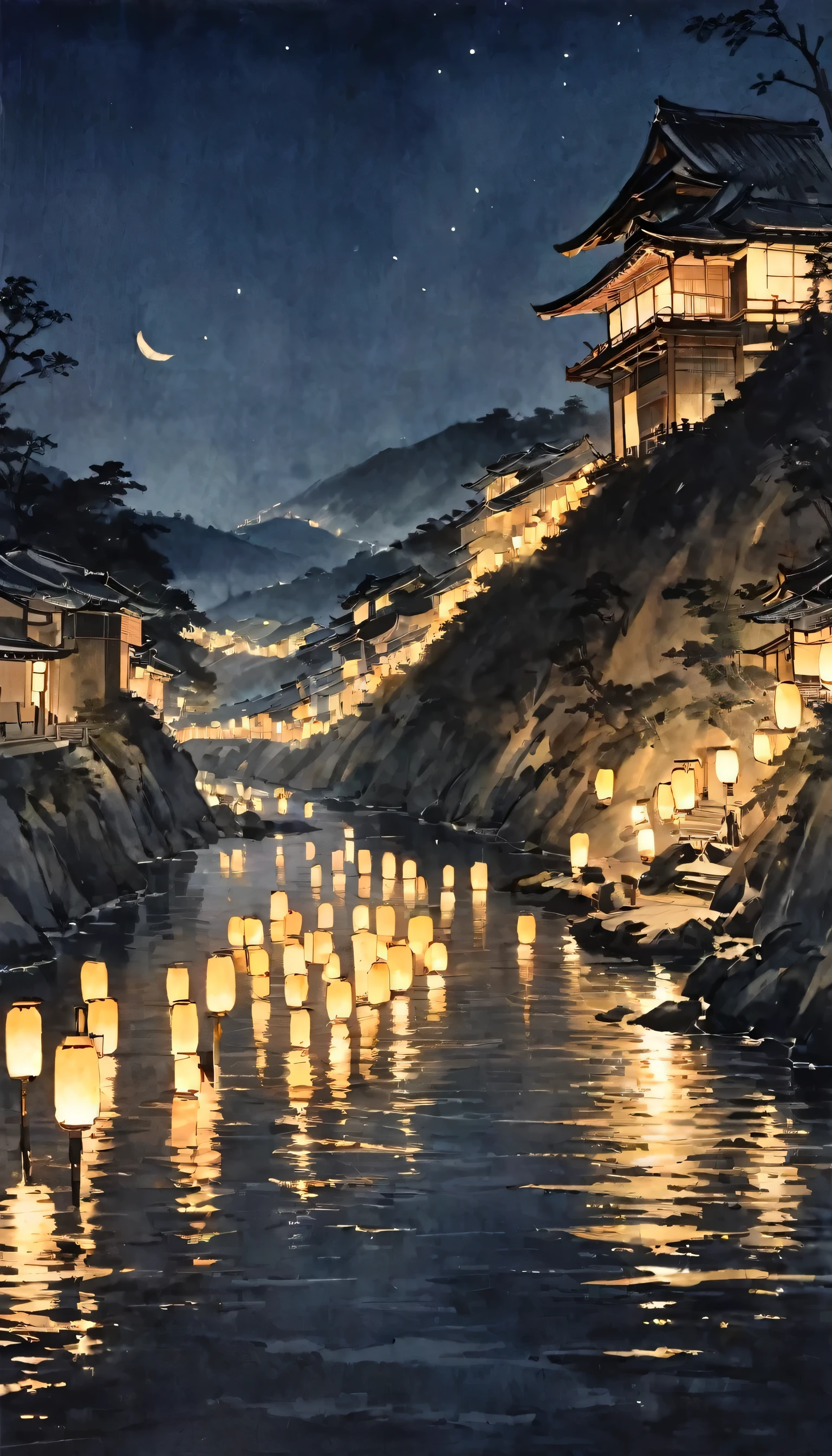 Katsushika Hokusai、Black and White、vague、Mont、Ink and watercolor、Light tones、calligraphy、Ink Painting　Ink Painting　Drawn with a brush　Characters written with a brush　Place river lanterns on the river bank，Many lanterns are lit up in the sky、Beautiful atmosphere, Light in the night sky, Quiet evening atmosphere