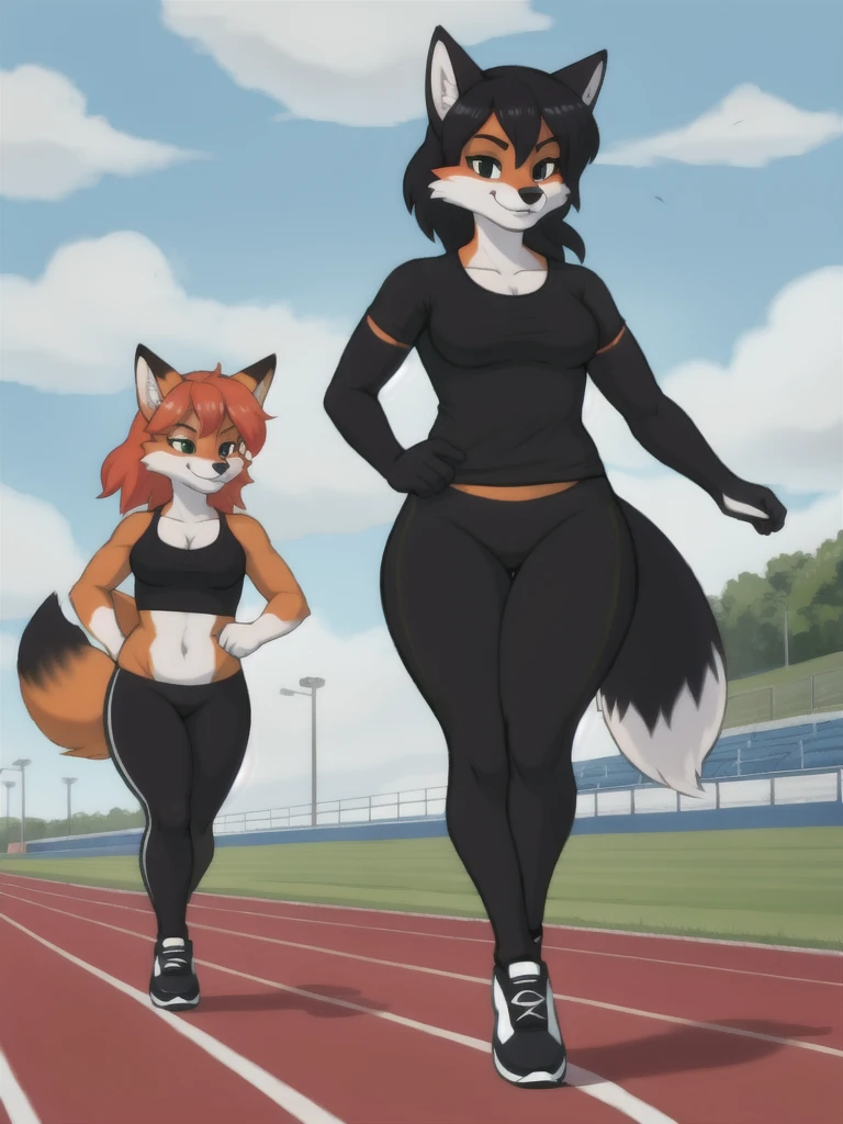 Furry, fox, female, black shirt, black leggings, shoes, running track, friends, full body
