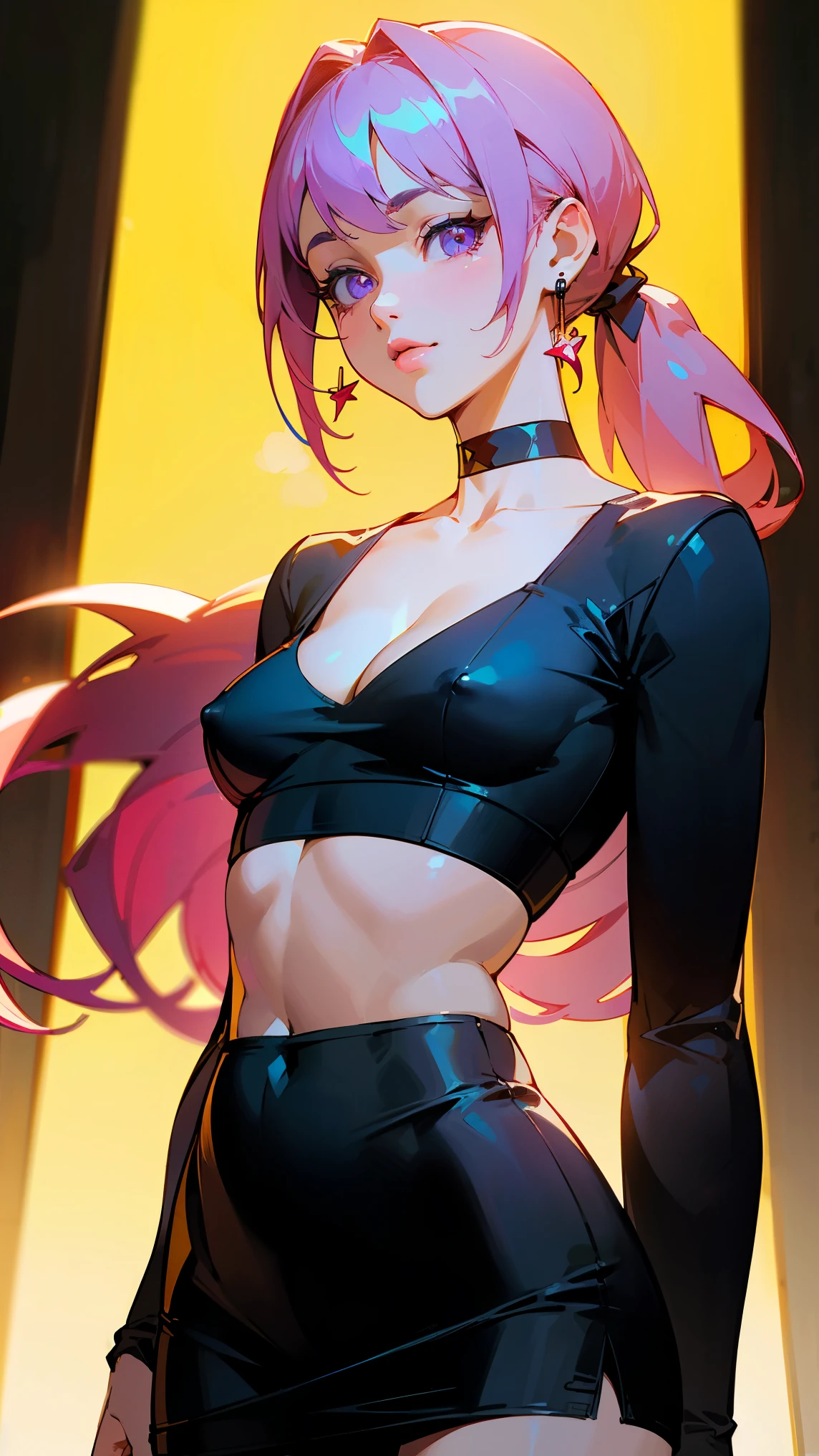 (((Masterpiece))), (((Best Quality))),Ultra High Resolution, Caustics, Detailed, (Beautiful Detailed Eyes),Perfect Anatomy, nsfw, (1 2D anime girl), intricate details, chromatic aberration), (realistic), (skin), ((breathe)), pink purple multicolor hair, long hair, fine hair, blue highlights, studio background, small earrings, clear eyes, purple eyes, choker, ((black crop top, thin material, mini skirt)), open waist, (symmetrical eyes), (perfect symmetrical body), night, (((Natural light))), Backlight, dim lighting ,look at the audience, (((center shot, From before, face and waist))), (big breasts), cleavage, long thin material sleeves, ponytail with two wisps front, sexy cloth, back bikini, small waist, big thighs, hour glass type body,