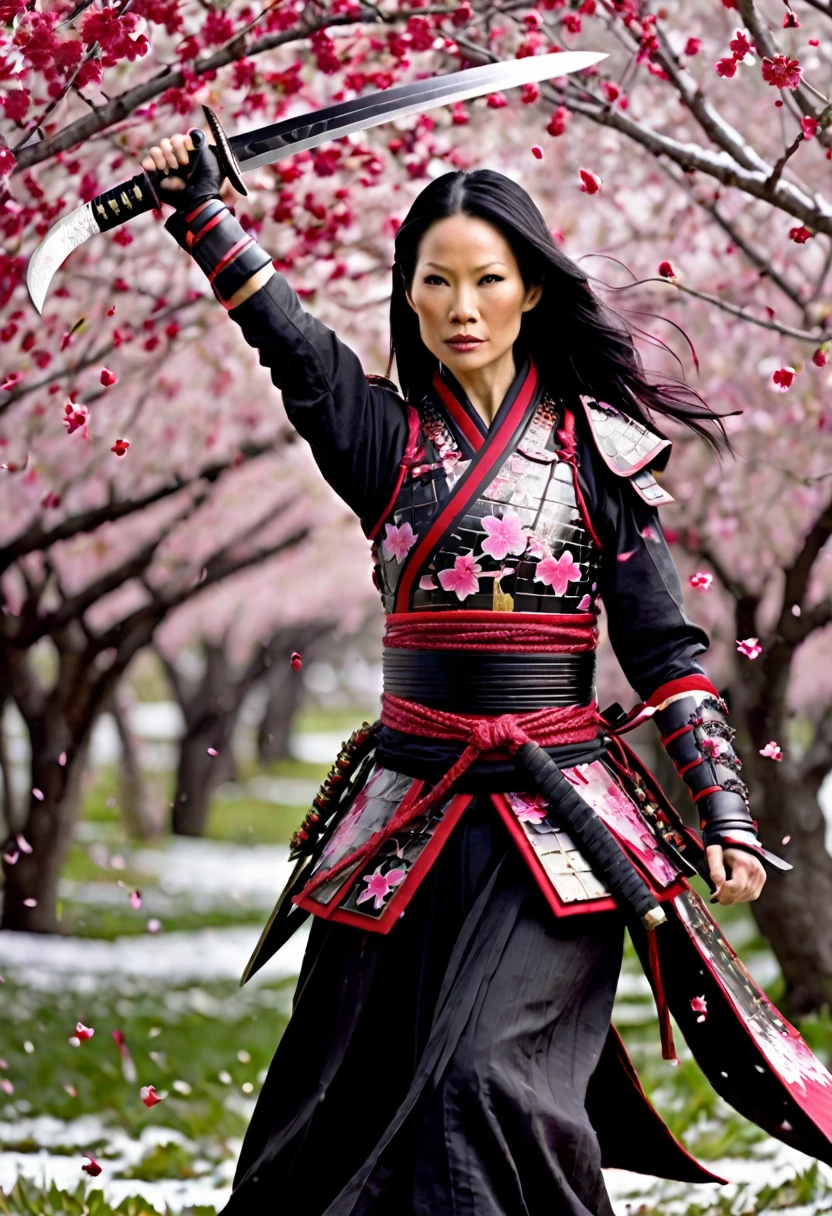 Lucy Liu in feminine samurai battle armor, brightly colored demon themed, dark energy swirls around her, wielding an intricate black bladed sword, she is moving through a cherry orchard, cherry petals falling around her like snow, hateful look on her face, show her from head to toe, show her entire body