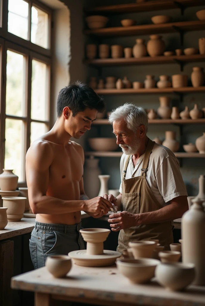 A handsome 27-year-old, beautiful, white, with short black hair, attractive, shirtless, soft white skin and black hair, making pottery with an old man in a pottery shop. The old man is dressed appropriately but the young man is wearing nothing, no shirt.