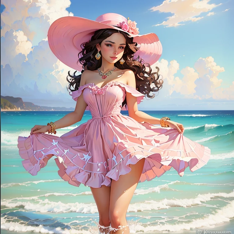 painting of a woman in a pink dress and hat, standing in the ocean, ( ( konstantin razumov ) ), konstantin razumov, a picture of beauty, dmitry spiros, Steve Henderson, Beautiful character art, James Gurney&#39;s painting style, dressed in a pink dress, Beautiful Realistic Picture, beautiful picture, vladimir volegov, Antonio Chiseri
