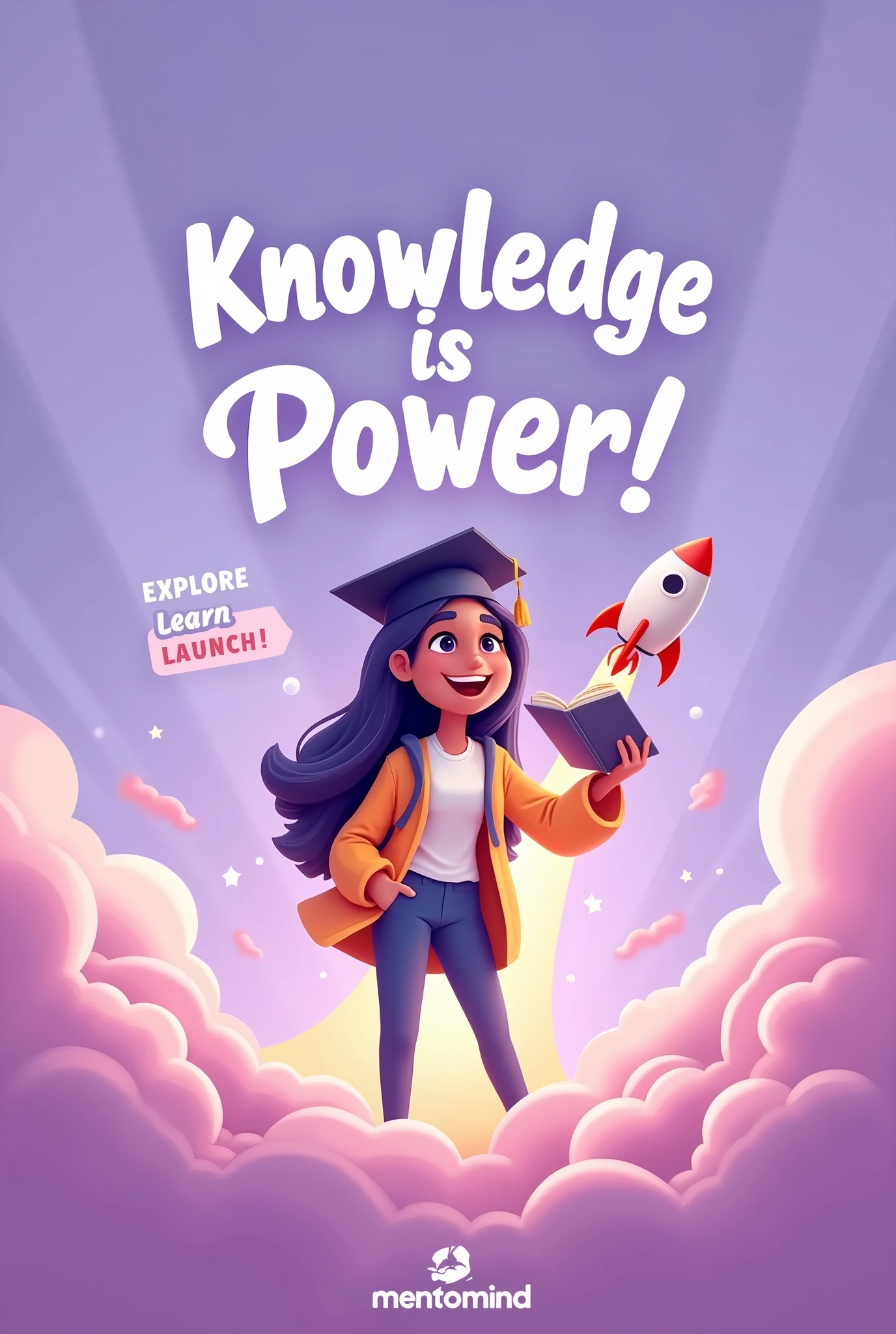 **Prompt:**

Create a graphic with a light purple gradient background symbolizing learning and growth. In the center, illustrate a diverse student wearing a graduation cap, holding a textbook that transforms into a rocket launching into space. Overlay the text "Knowledge is Power!" in bold white font at the top and "Explore, Learn, Launch" in smaller, playful font below. Include the Mentomind logo with a subtle animation effect in the bottom right corner. The overall design should be energetic, inspiring, and convey the idea of Mentomind empowering students through knowledge and exploration. 
