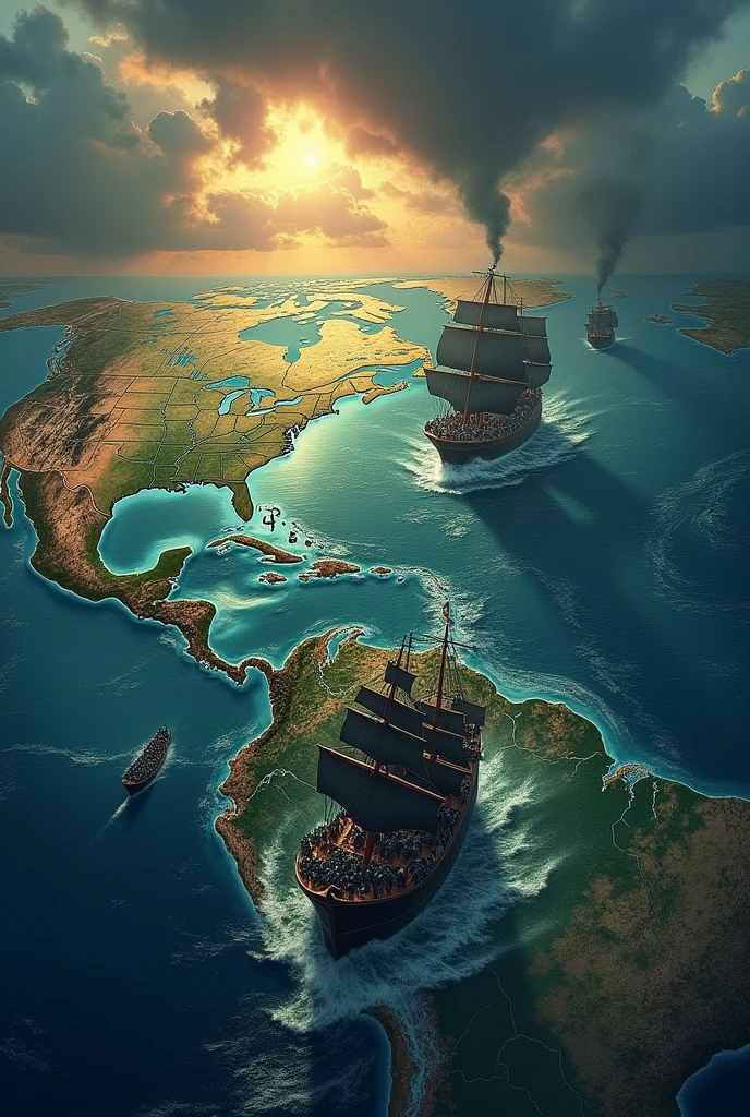 Crie uma imagem detalhada que retrate o trajeto dos africanos forçados a cruzar o Atlantic Ocean rumo à America durante o tráfico de escravos. The image must include:
African Continent: Show the west coast of Africa, highlighting starting points such as the Gulf of Guinea and the Congo region.
Atlantic Ocean: Show the vast ocean with a series of sea routes traced to the United States, representing the main routes of the slave trade.
America: southeastern coast of the United States.
Slave Ships: Include images of old ships moving along the routes, representing forced transportation.
natural environment: Add visual elements such as ocean currents, storms or calm seas, and the contrast between the African and American continents.
Historical context: Represent the travel conditions, with small details such as overloaded boats and the challenging ocean environment.