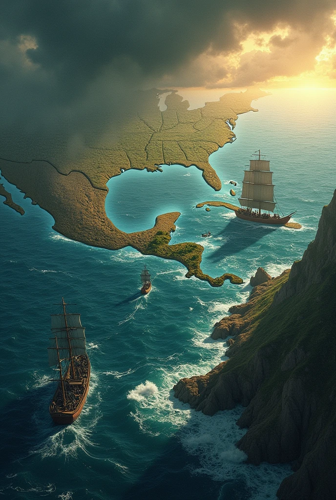 Crie uma imagem detalhada que retrate o trajeto dos africanos forçados a cruzar o Atlantic Ocean rumo à America durante o tráfico de escravos. The image must include:
African Continent: Show the west coast of Africa, highlighting starting points such as the Gulf of Guinea and the Congo region.
Atlantic Ocean: Show the vast ocean with a series of sea routes traced to the United States, representing the main routes of the slave trade.
America: southeastern coast of the United States.
Slave Ships: Include images of old ships moving along the routes, representing forced transportation.
natural environment: Add visual elements such as ocean currents, storms or calm seas, and the contrast between the African and American continents.
Historical context: Represent the travel conditions, with small details such as overloaded boats and the challenging ocean environment.