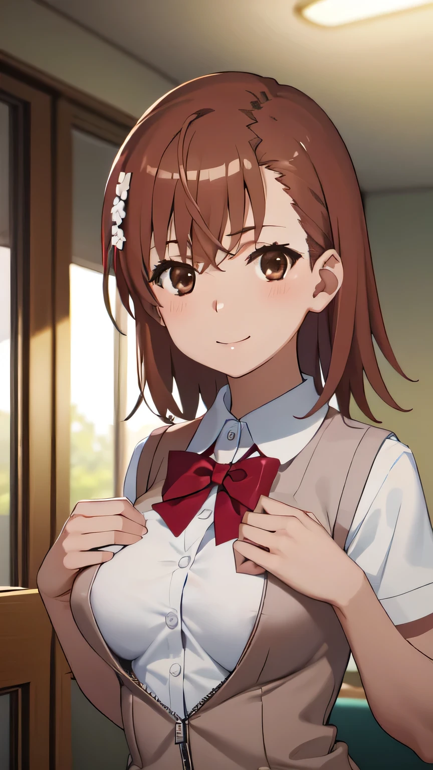 Masterpiece hd, solo, 1girl, misaka mikoto, tokiwadai, wear white collared shirt, wear brown vest, bow, looking at viewer,, smile, upper body, standing, indoor、Tuck up your clothes、Breast Exposure、Nipple exposure