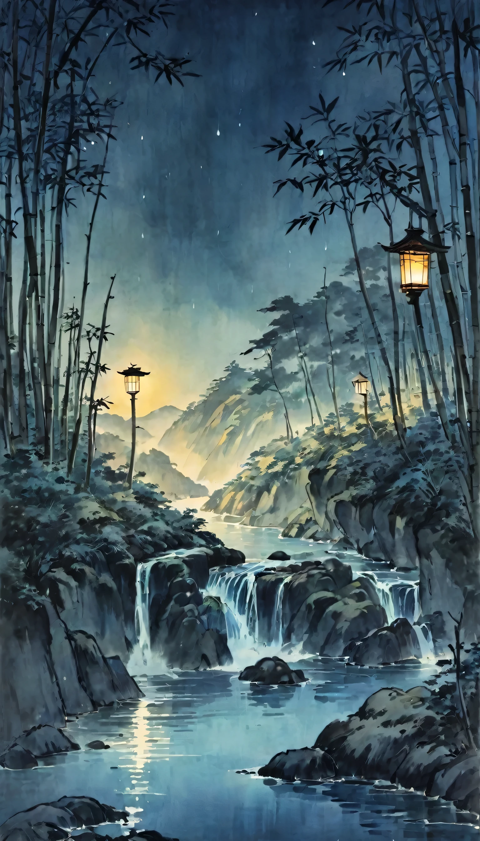 Katsushika Hokusai、Black and White、vague、Mont、Ink and watercolor、Calm colors、calligraphy、Ink Painting Ink Painting Drawn with a brush Characters written with a brush bamboo forest,cliff、waterfall、water droplets、Pool、wood々、Half Moon、Many lanterns are lit up in the sky、Beautiful atmosphere, Light in the night sky, Quiet evening atmosphere