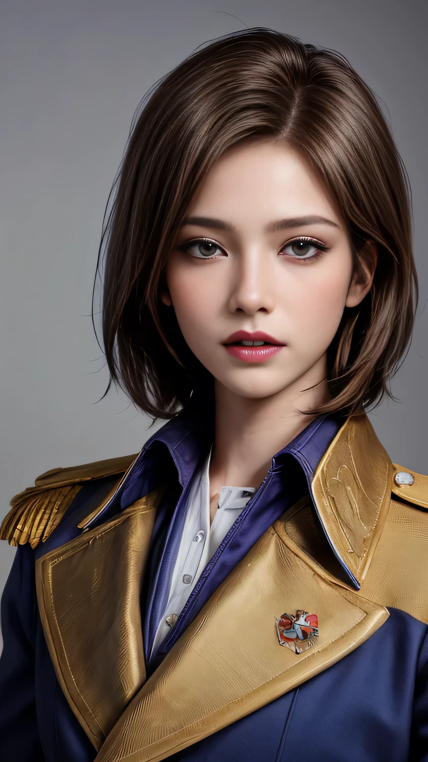 (masterpiece, best quality:1.5),
(photorealistic, RAW photo : 1.4),
(1boy), ( medium shot, professional portrait :1.5),
beautiful face, (realistic face),
beautiful hairstyle,
realistic eyes,
beautiful detailed eyes,
(realistic skin), beautiful skin,
absurdres, attractive,
ultra high res, ultra realistic, highly detailed,
golden ratio,
rezinschnyder, 1woman,
short hair, brown hair, brown eyes, lipstick, purple lips,
military uniform, blue jacket,
