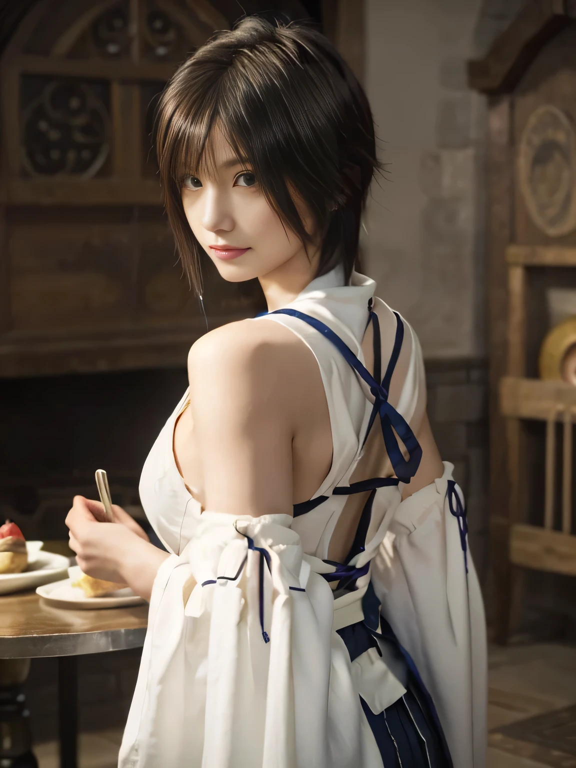 20 year old Japanese beauty,One person、Muscular body like a bodybuilder、Emphasize the breasts、Slit eyes、A head-to-toe view,Bust is very very large、The background is a medieval European kitchen、High quality photos、Clear, crisp images of the lower body、Masterpiece 8k、Smiling、I am eating a shortcake at the table.、From the front, from the side, from the back, etc.々from what camera angle to shoot、FF10 Yuna's outfit、Character Sheet