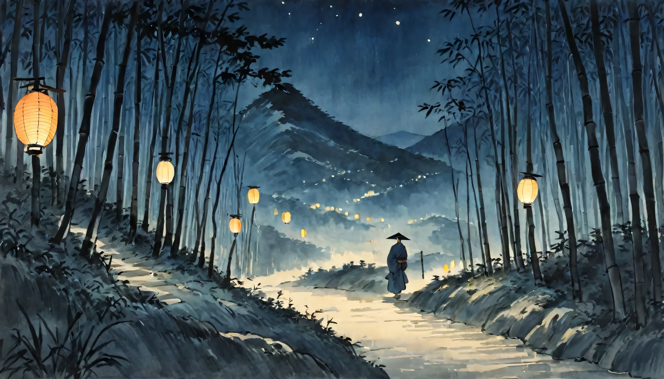 Katsushika Hokusai、Black and White、vague、Mont、Ink and watercolor、Light tones、calligraphy、Ink Painting　Ink Painting　Drawn with a brush　Characters written with a brush　Bamboo forest mountain path，Many lanterns are lit up in the sky、Beautiful atmosphere, Light in the night sky, Quiet evening atmosphere