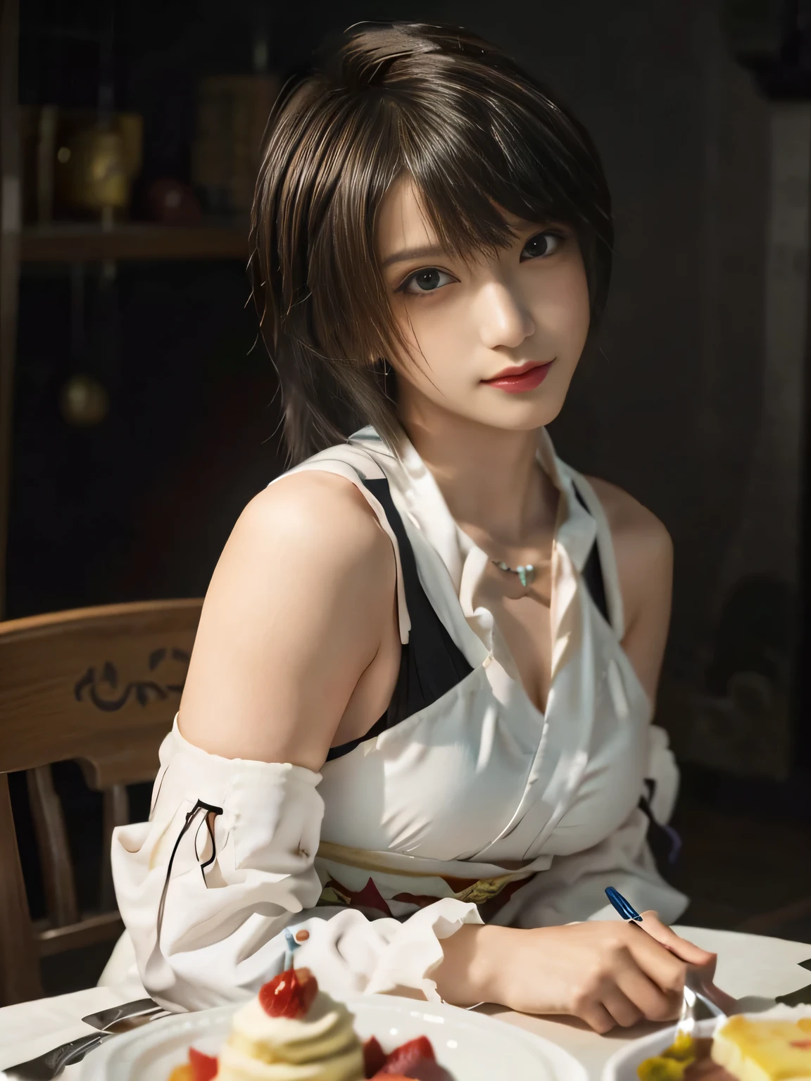 20 year old Japanese beauty，One person、Muscular body like a bodybuilder、Emphasize the breasts、Slit eyes、A head-to-toe view，Bust is very very large、The background is a medieval European kitchen、High quality photos、Clear, crisp images of the lower body、Masterpiece 8k、Smiling、I am eating a shortcake at the table.、From the front, from the side, from the back, etc.々from what camera angle to shoot、FF10 Yuna's outfit、Character Sheet、Character Reference