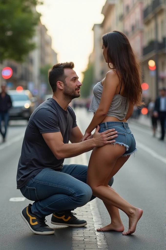 Man opening woman&#39;s legs while inserting his penis into her on a public road