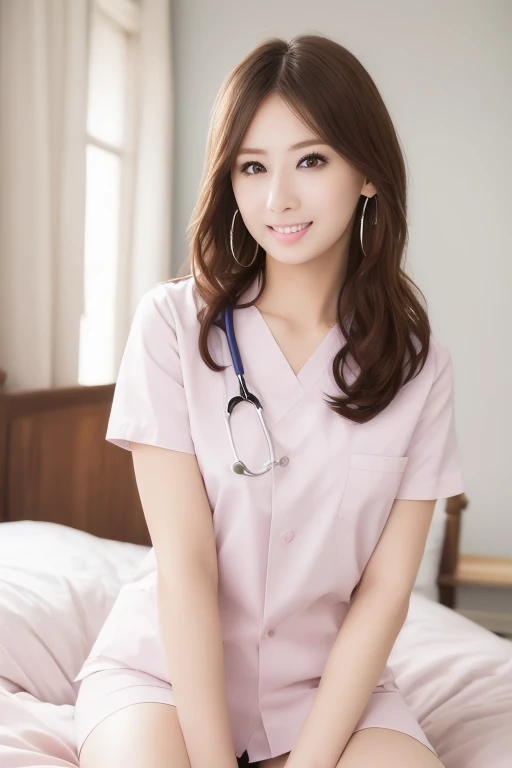 masterpiece,best quality,4k, (medium shot), 1girl, (fingers under chin:1.4), smiling, wide smile, beautiful Japanese female nurse wearing pink Nurse uniform, beautiful detailed face, slim, black lob hair, brown eyes, pale skin, fair skin, realistic skin, detailed cloth texture, detailed hair texture, Perfect proportion, Beautiful Face, (perfect eyes), (detailed eyes), solid circle eyes, sparkling eyes, (clean eyes), accurate, Anatomically correct, Highly detailed face and skin texture , looking at viewer, modern hospital room, photorealistic,