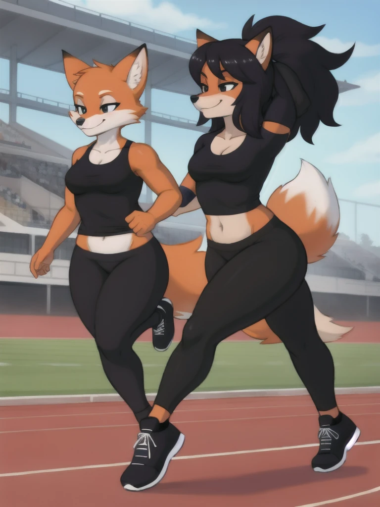 Furry, fox, female, black shirt, black leggings, shoes, running track, friends, full body