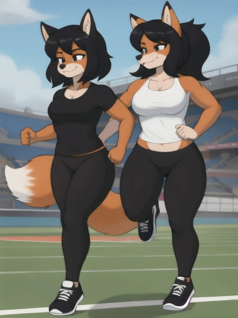 Furry, fox, female, black shirt, black leggings, shoes, running track, friends, full body