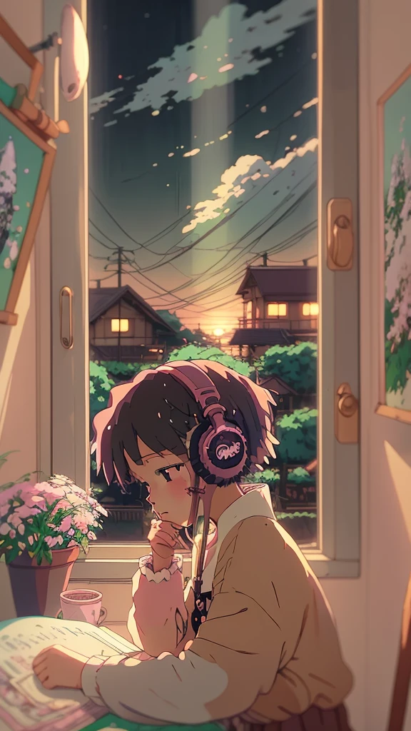 Anime style, (dreamlikeart), (soft focus), cozy room setting, girl with headphones, [(Lofi beats:1.3)|ambient music], (anime art), [(cherry blossoms|bookshelf:0.5)], [reflective surface:0.8], [(pastel colors:1.2)|subdued tones], [(attention to details:1.1)], [illustration:0.7], [(Studio Ghibli style:1.4)], (anime character design), [window light], [(subtle shadows:0.9)], [(subdued atmosphere:1.2)|calm ambiance], [(trending on Pixiv:1.2)], [(anime community approved:1.1)], [(Anime Expo:1.3)], [ethereal glow], [(focus on eyes:1.1)], [(character illustration:0.8)], [(soft artstyle)], [(nostalgic feeling:1.2)], [(character sitting:0.7)], [(artistic details:1.1)], [(melancholic mood:1.3)], [(attention to clothing details:1.2)], [(hair flow:1.1)], [(unique headphones design:1.2)], [(vivid background elements:1.1)], [(anime genre:lofi:1.4)], [(trending on DeviantArt:1.1)], [(inspired by Makoto Shinkai:1.2)], [(cyberpunk infusion:0.9)], [(rainy day vibe:1.2)], [(subtle bokeh:1.1)], [(anime girl pose:0.9)], [(artistic expression:1.2)], [(harmony in color palette:1.1)], [(wistful mood:1.2)], [(detailed room decor:1.1)], [(trending on ArtStation:1.1)], [(illustration challenge entry:1.3)] , 1girl