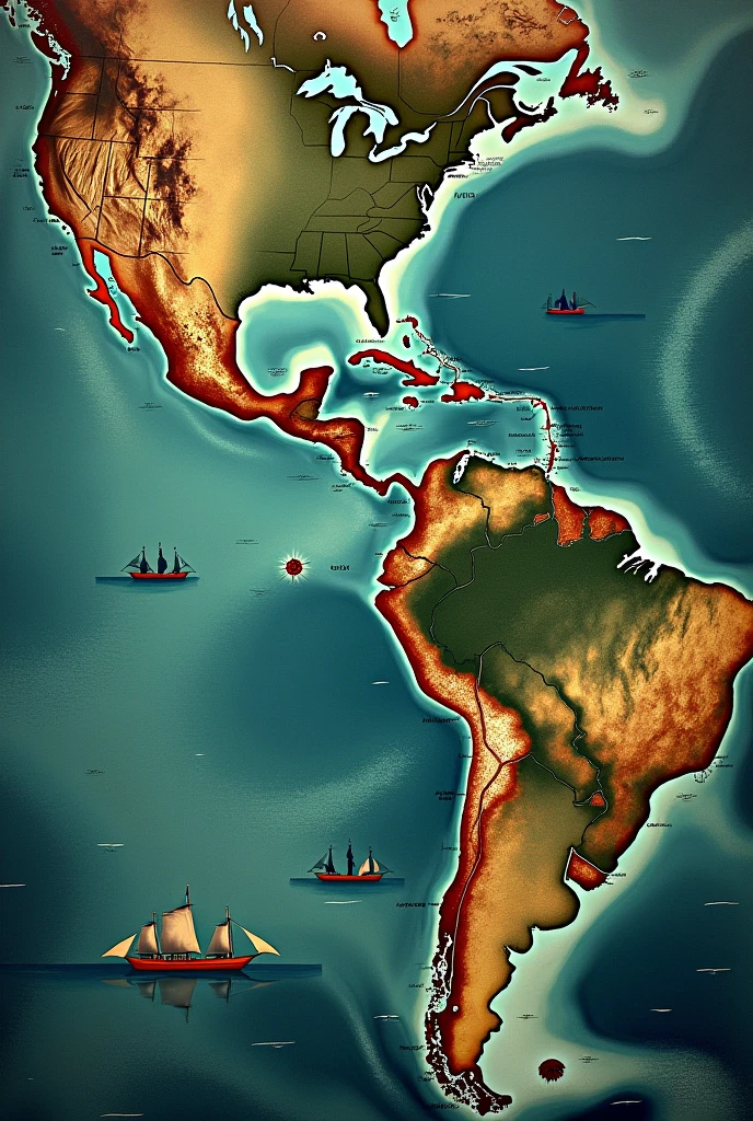 Crie uma imagem detalhada que retrate o trajeto dos africanos forçados a cruzar o Atlantic Ocean rumo à America durante o tráfico de escravos, stylized from an old map depicting the journey taken by Africans . The image must include: African Continent: Show the west coast of Africa, highlighting starting points such as the Gulf of Guinea and the Congo region. Atlantic Ocean: Show the vast ocean with a series of sea routes traced to the United States, representing the main routes of the slave trade. America: southeastern coast of the United States. Slave Ships: Include images of old ships moving along the routes, representing forced transportation. natural environment: Add visual elements such as ocean currents, storms or calm seas, and the contrast between the African and American continents. Historical context: Represent the travel conditions, with small details such as overloaded boats and the challenging ocean environment.