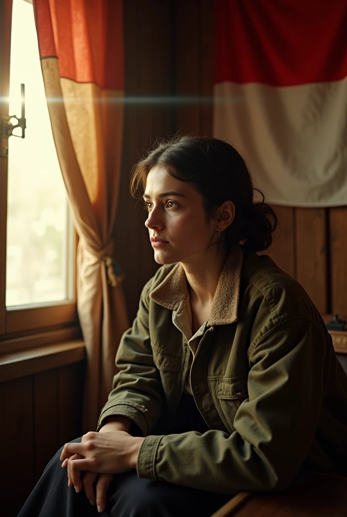 (Raw photo, 4K, masterpiece, A high resolution, extremely complex) (realistic: 1.4), Cinematic lighting, 1 jewish woman, just concentrate, Summer afternoon, hot, 1900-е годы (style), in room, Indonesia flag, outdoor jacket