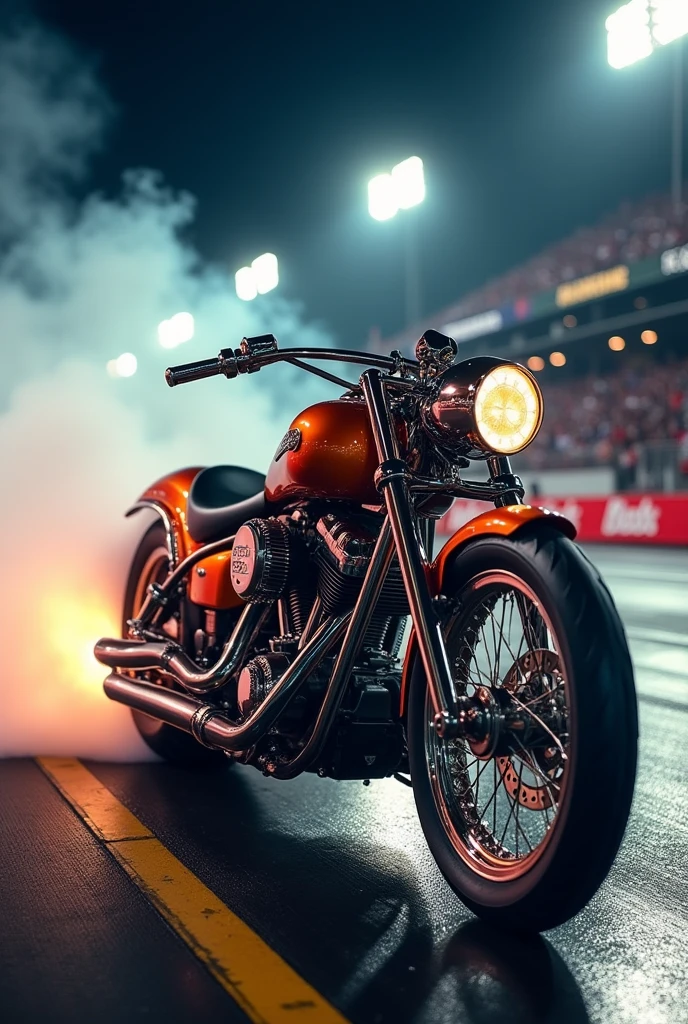 Draw a picture of a stove and a pan with the theme of drag bike racing. Make the pan a exhaust pipe