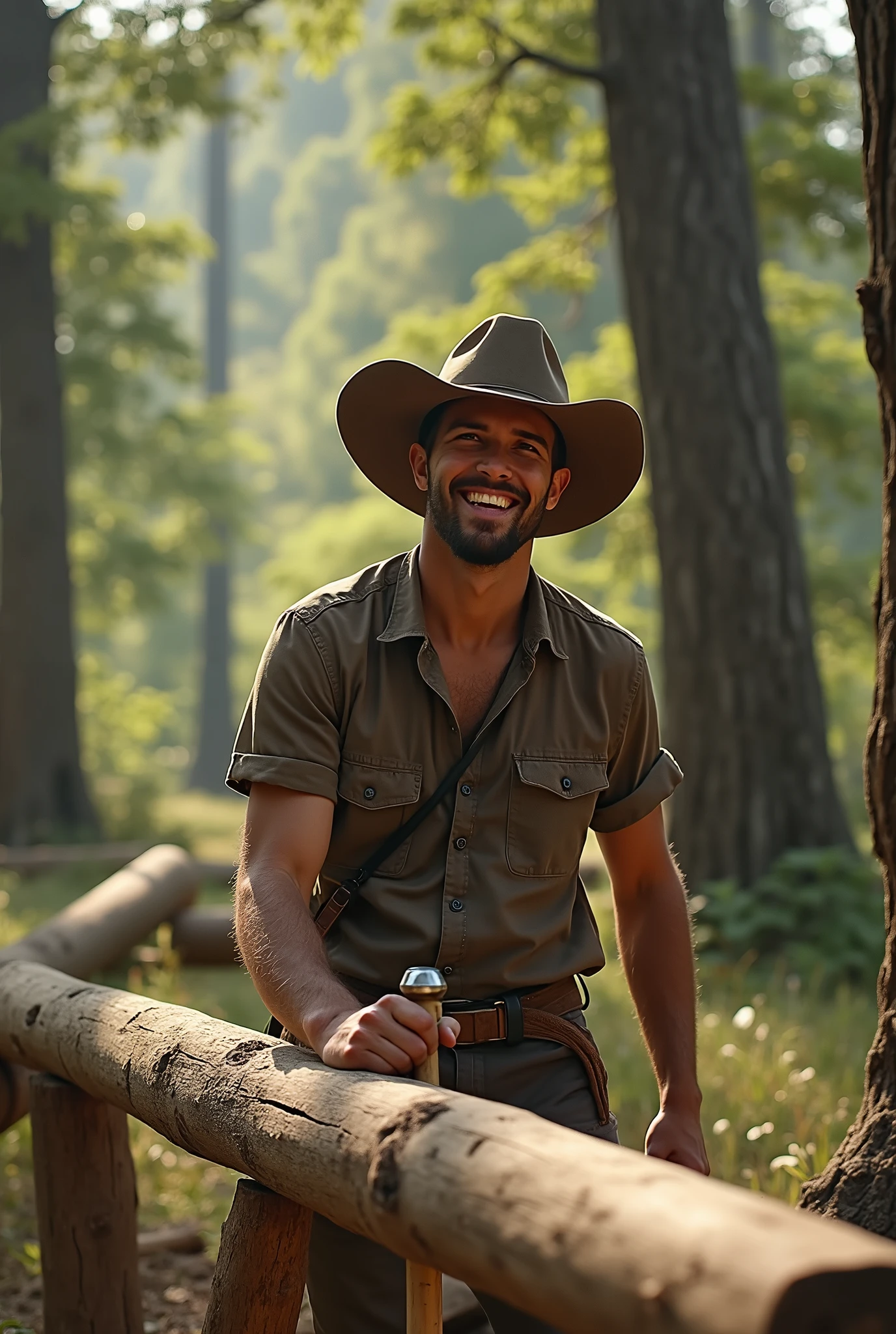 Young man building his wooden house in nature, he is happy because he prefers to live alone, he is wearing a cowboy hat.