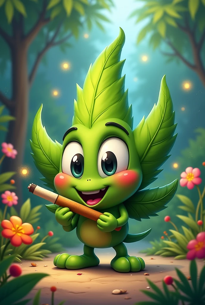 Marijuana leaf with a smile on her face rolling a marijuana cigarette
