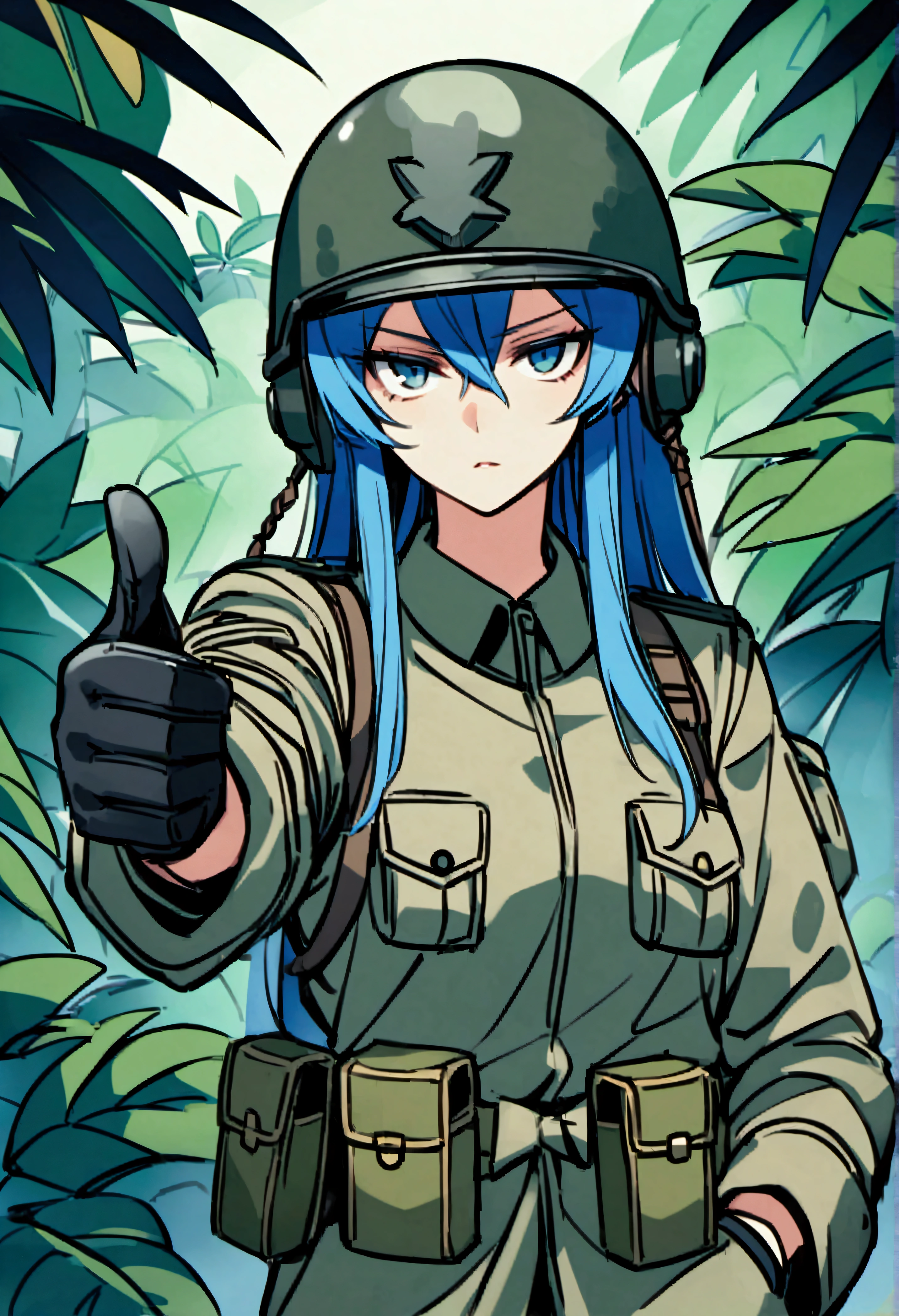 Esdeath、1 person、solo、Staring at the audience、Long Hair、Hair between the eyes、Black Hair、Blue Hair、soldier、army、Long sleeve、uniform、Camouflage、戦闘用Helmet、Helmet、jungle、Outdoor、tropical rain forest、nature、light、Put your hands in your pockets、Tilt your head、Green Eyes、gloves、Pouch、Thumbs up、pointing、Raise your hand、Serious、Open your lips slightly