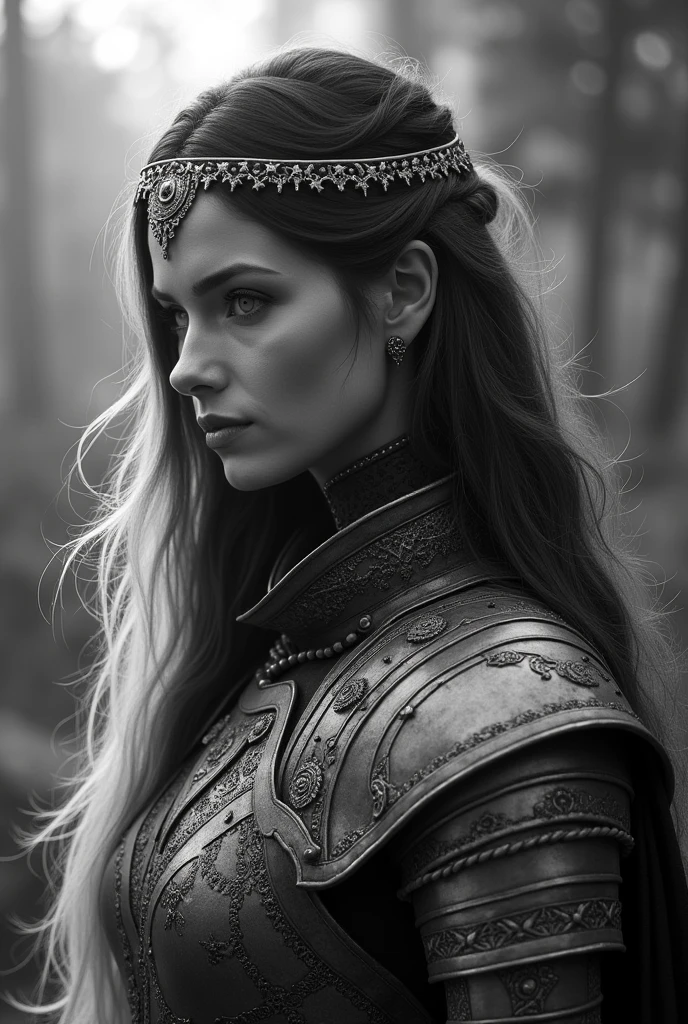 In black and white create a woman wearing medieval armor all over her body. Your hair is long, on top they are black and the tips are white. She DOES NOT have pointed ears and red eyes.. She has a crown of stars on her head and a small, discreet half moon tattoo.