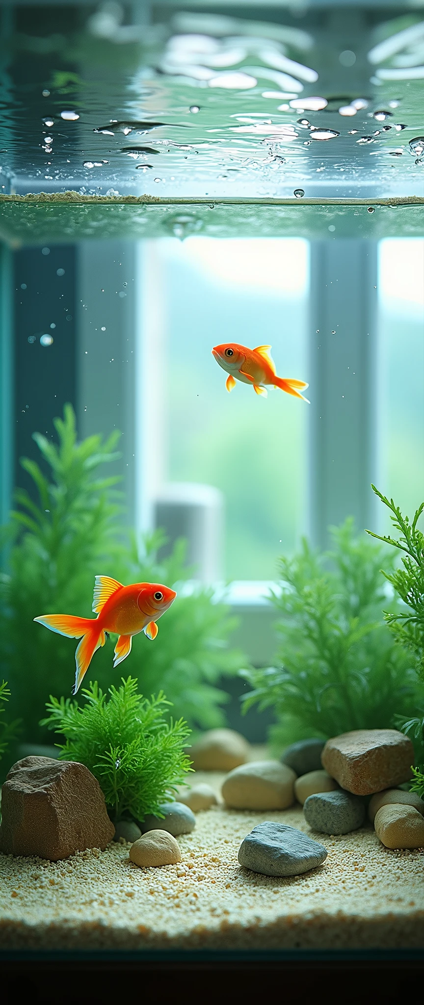 (masterpiece:1.2,Highest quality,Ultra-high resolution,Very detailed,Realistic,Ultra-high resolutionのカメラ),8k,wallpaper,(A white-bottomed aquarium photographed from above:2.0),(Detailed depiction of the aquarium, excluding water surface reflections:2.0),(Two goldfish swimming),The sink is in the living room.,Cool looking photo