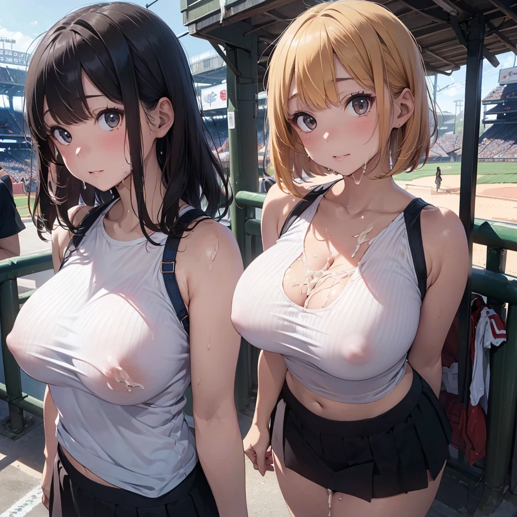2lady(different hair style), ((ultra-quality)), (Bukkake:1.5), (side view), (profile), (from side), (side colossal tit:1.6), (in 8K), (arms behind back:1.5), (arms are down), ultra highres, Hyper Detailed, High contrast, Ultrafine Strike, creative refinement, absurdres, Realistic, extremely detailed CG unified 8k wallpaper, Highly detailed, High-definition raw color photos, professional photography, Realistic portrait, Cinematic Light, Beautiful detailed, 28 years old woman, (realistic skin:1.3), (shiny skin), (Best Quality:1.4), Super Detail, High quality, master piece, lifelike, (After SEX), Bukkake, Perfect face, (cum on chest:1.5), (Bukkake:1.5), (covered by lot of cum:1.3), (Sharp Focus), (upper body), (close up), Delicate Beautiful Hair and Eyes and Face, Delicate eyes, radiant eyes, Lifelike, Hyper-detailing, (white tank top:1.3), (bare shoulder), (covered breasts), (mini skirt), (Sheer areola:1.3), (colossal breasts:1.6), (big breasts:1.5), (Beautiful breasts:1.5), (smooth stomach), (covered nipples:1.4), (arms behind back:1.3), Beautiful cute woman, camel-toe details, (SFW), wet clothes, pale black eyes, (bob cut), (medium hair), (parted bangs), (baseball stadium)