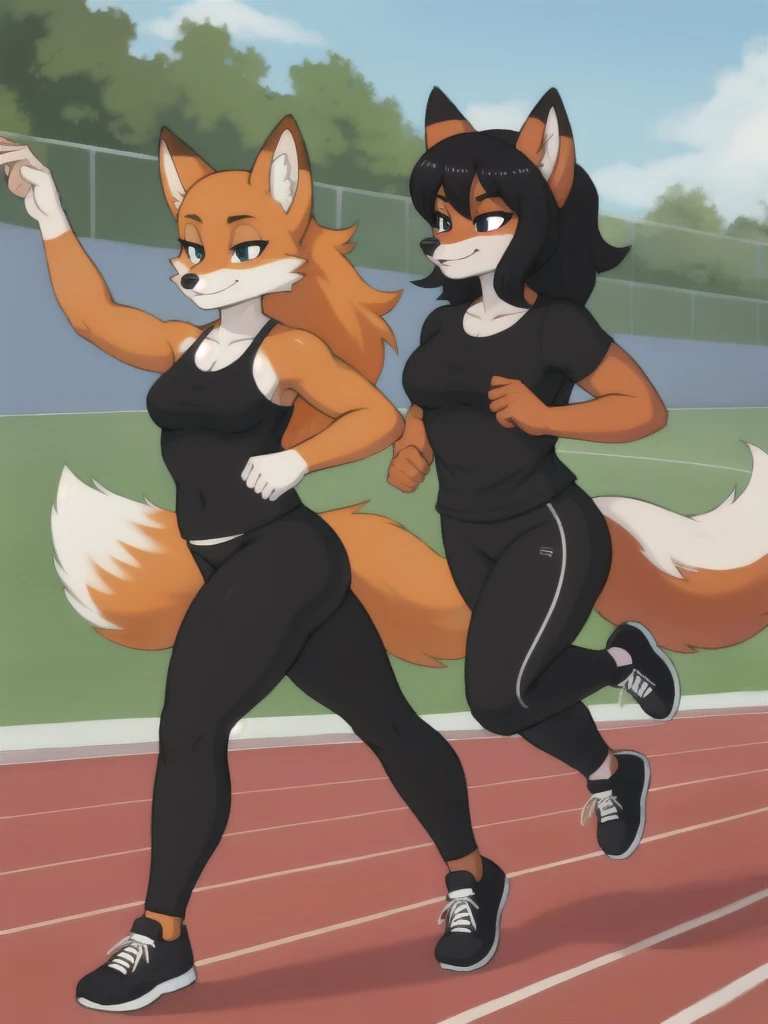 Furry, fox, female, black shirt, black leggings, shoes, running track, friends, full body