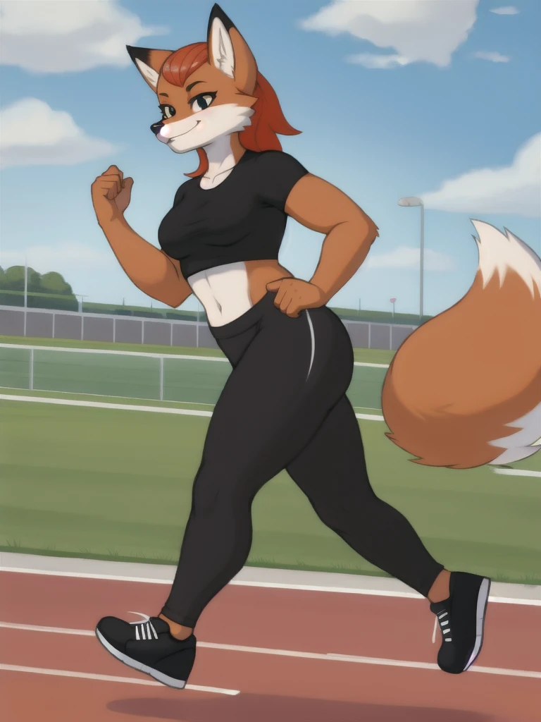 Furry, fox, female, black shirt, black leggings, shoes, running track, friends, full body