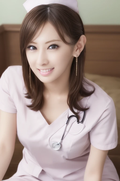 (1womanl), Medium Hair, Amazing face and eyes, Extremely cute face, Smile, energy, vitality, (real short nurse uniform:1.2), Light pink, white, (Nurse uniform with open chest:1.4), (Best Quality:1.4), extremely detailed CG unified 8k wallpaper, Highly detailed, High-definition raw color photos, professional photograpy, Realistic portrait, (Bedroom), stethoscope, White wallpaper, sexy portrait of girl, (View from below:1.2)、
Gal Makeup、Panty shot、Green Earrings、((Glossy white stockings))、Super low angle shot by a professional photographer、Looking up at the stethoscope