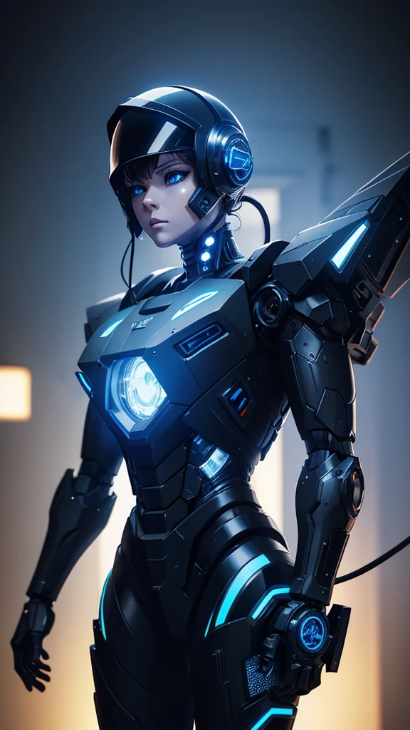 cyborg android mecha anime realistic black gothic punk high tech armor, intricate details, metallic surfaces, glowing blue circuits, hoses and cables, helmet with a dark visor, dramatic lighting, cinematic shot, 8k resolution, highly detailed, masterpiece