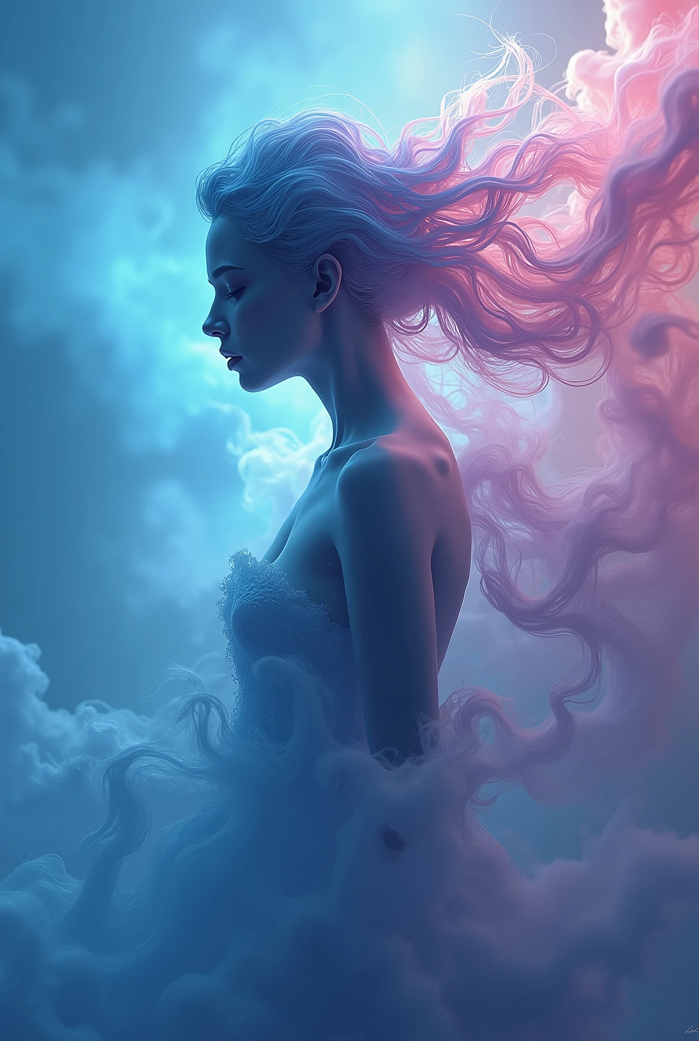 A mesmerizing 3D render by the skillful artist Mschiffe, showcasing a ghostly, smoke-like female figure. The enigmatic woman appears in side view, exuding a mystical aura as she weaves through a colorful explosion of hues. Her ethereal form is embellished with motion effects, invoking a sense of fluidity and movement. The background is a breathtaking fusion of vibrant, muted colors that harmoniously blend with the eerie, yet captivating atmosphere of the scene.