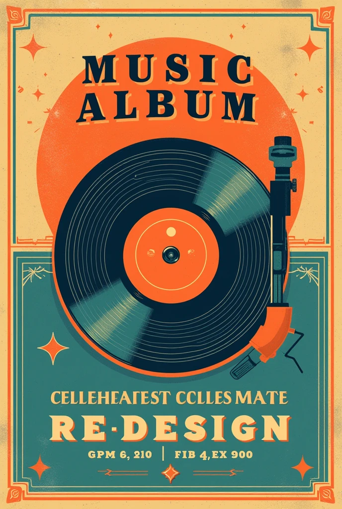 a square poster for an event with name "MUSIC ALBUM RE-DESIGN" which must be decent and retro, more aesthetic