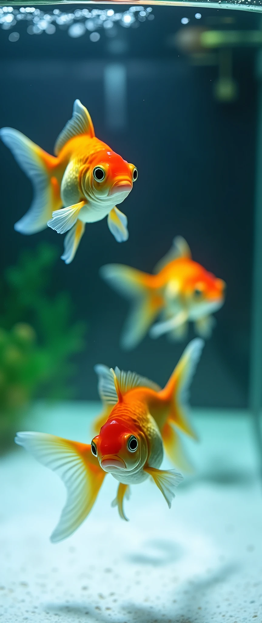 (masterpiece:1.2,Highest quality,Ultra-high resolution,Very detailed,Realistic,Ultra-high resolutionのカメラ),8k,wallpaper,(Taking a photo of an aquarium with a white bottom:2.0),(Detailed depiction of the aquarium, excluding water surface reflections:2.0),(Two goldfish swimming),The sink is in the living room.,Cool looking photo