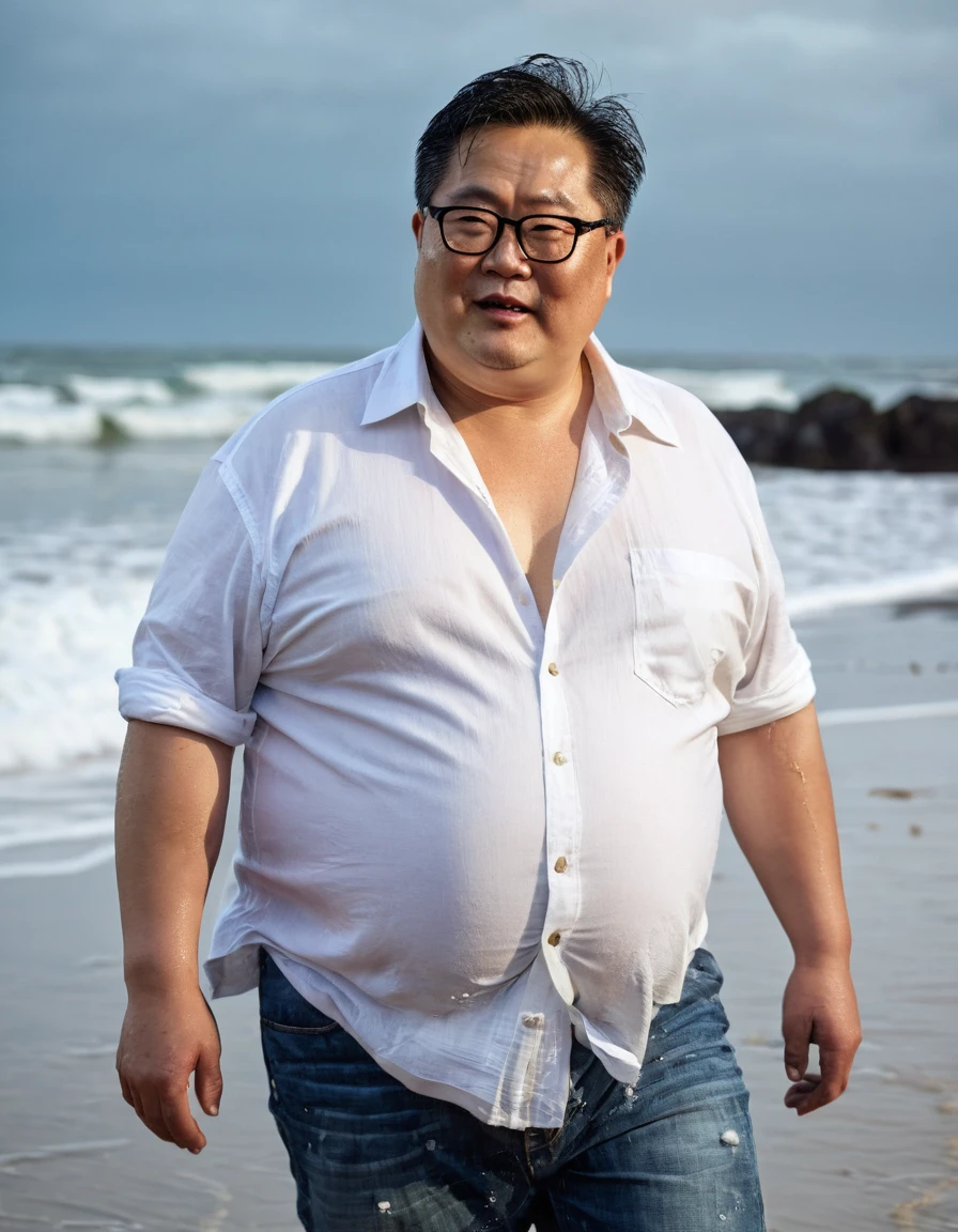 Man, Asian, 50 years old, Fat, Chubby, wearing glasses, wearing an unbuttoned shirt, thin white t-shirt, Shirtless, wearing jeans, sand beach, Wet, Raining, sharp image, beautiful lighting.