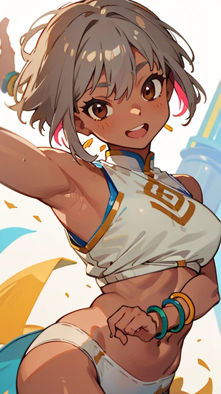 1 person、Shortcuts、Gray Hair、she 、Brown Skin、Wearing a white bikini、Beautiful brown eyes、Lean and muscular body、barefoot、Colorful Bracelets、Colorful anklets、Laugh brightly、Dance cheerfully、Upper body close-up
