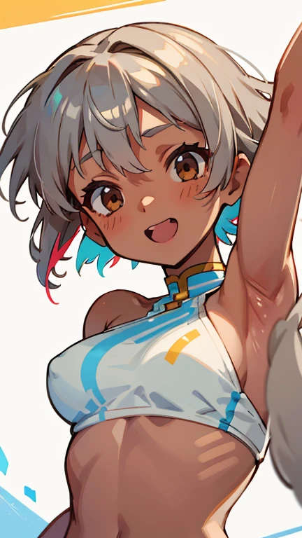 1 person、Shortcuts、Gray Hair、she 、Brown Skin、Wearing a white bikini、Beautiful brown eyes、Lean and muscular body、barefoot、Colorful Bracelets、Colorful anklets、Laugh brightly、Dance cheerfully、Upper body close-up
