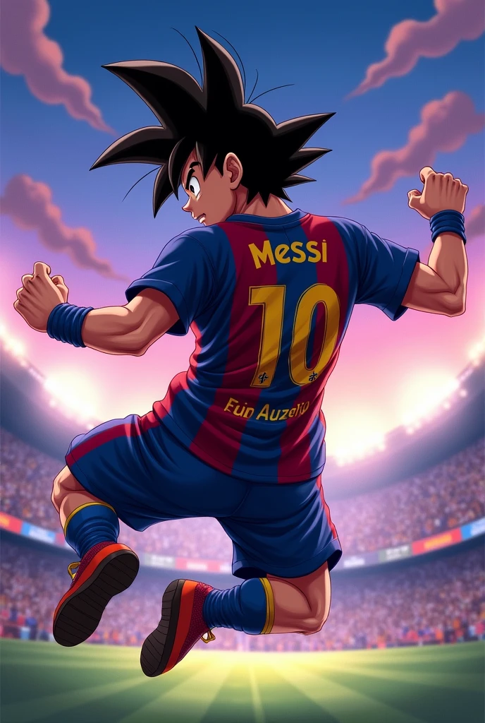 Goku wearing the Barcelona Messi shirt