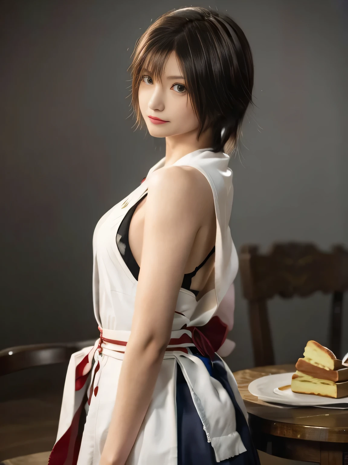20 year old Japanese beauty，One person、Muscular body like a bodybuilder、Emphasize the breasts、Slit eyes、A head-to-toe view，Bust is very very large、The background is a medieval European kitchen、High quality photos、Clear, crisp images of the lower body、Masterpiece 8k、Smiling、I am eating a shortcake at the table.、From the front, from the side, from the back, etc.々from what camera angle to shoot、FF10 Yuna's outfit、Character Sheet、Character screen style
