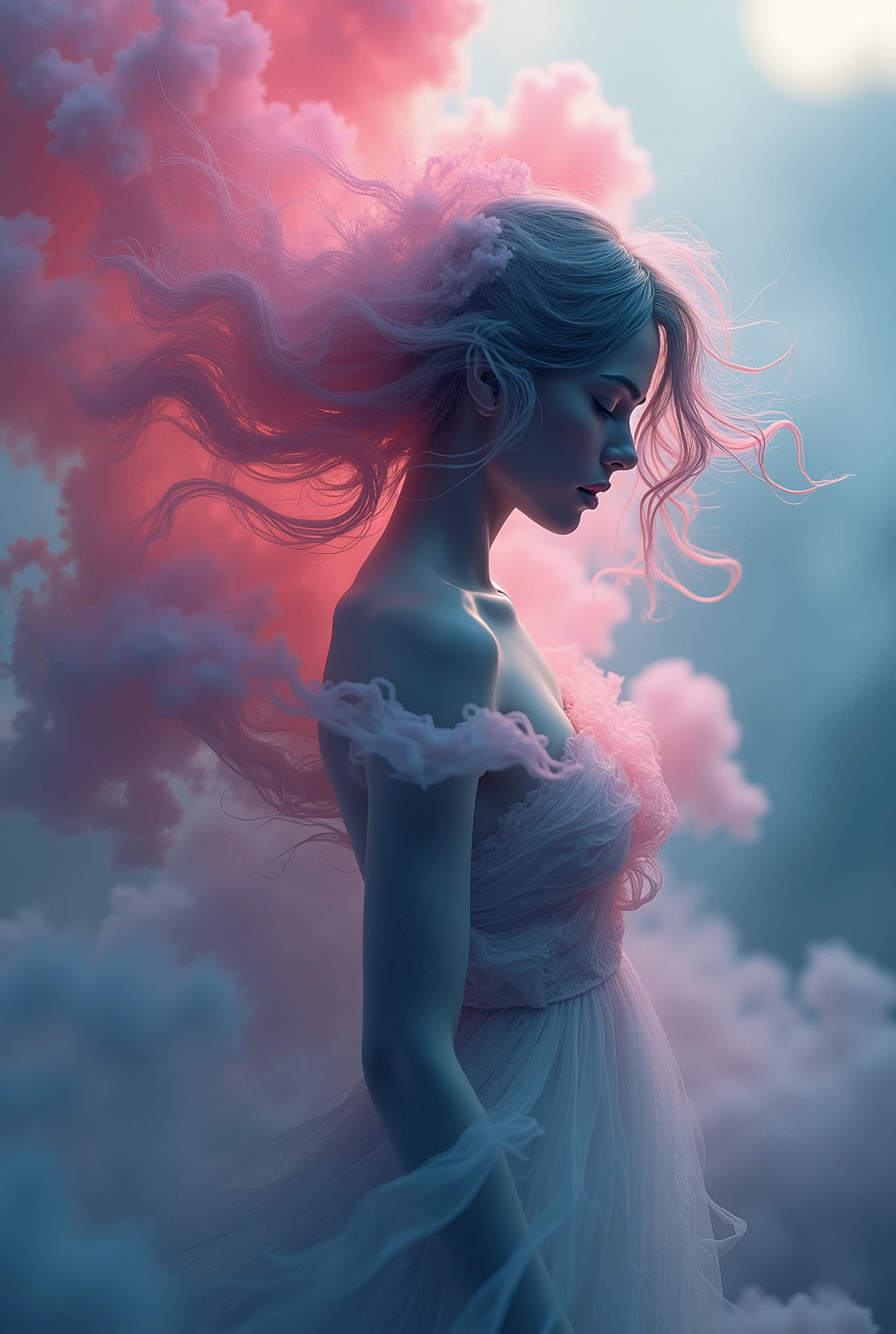 A mesmerizing 3D render by the skillful artist Mschiffe, showcasing a ghostly, smoke-like female figure. The enigmatic woman appears in side view, exuding a mystical aura as she weaves through a colorful explosion of hues. Her ethereal form is embellished with motion effects, invoking a sense of fluidity and movement. The background is a breathtaking fusion of vibrant, muted colors that harmoniously blend with the eerie, yet captivating atmosphere of the scene.